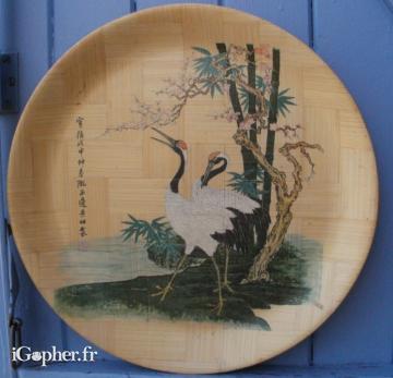 Plateau de service bambou décoré de hérons - Vintage