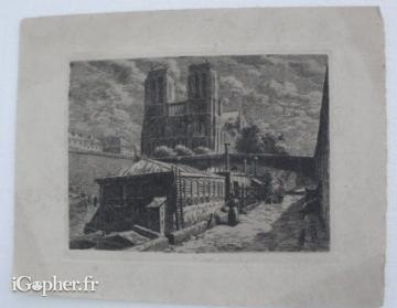 Gravure Notre-Dame et les bateaux lavoirs sur la Seine