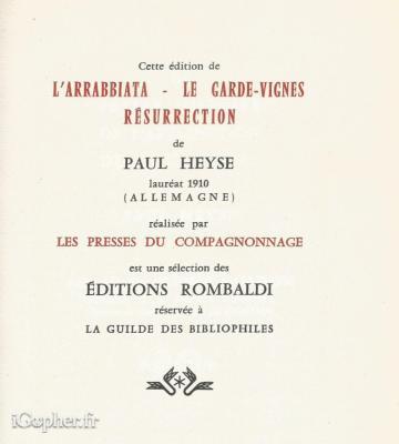Livre : L'arrabbiata, le garde-vignes, résurrection (Paul Heyse)