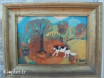 Peinture Chien Dikou Huile sur toile encadrée signée R.BOU