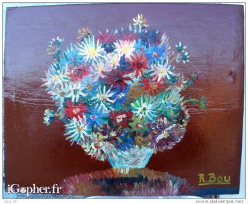 Peinture huile sur toile Pot de fleurs signée R.BOU