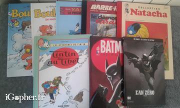 9 BD (Boule et Bill, Yakari, Barbe Rousse, Natacha, Tintin, DC Comics)