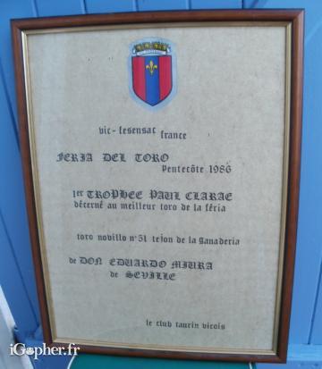 Gravure Trophée 1986 (meilleur taureau - Feria Toro Nobillo)