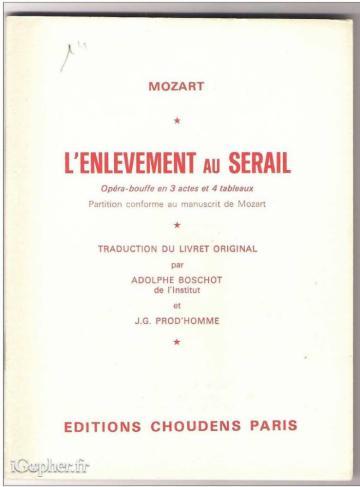 Livre de Mozart : "L'enlèvement au sérail" (Opéra bouffe)