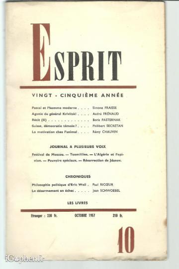 Revue : Esprit 25ème année - N°10 (Octobre 1957)