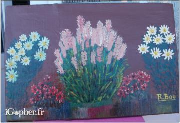 Huile sur toile signée R. BOU (massif de fleurs)