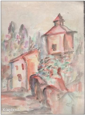 Peinture Canson "Pigeonnier et corbeille de fruits"